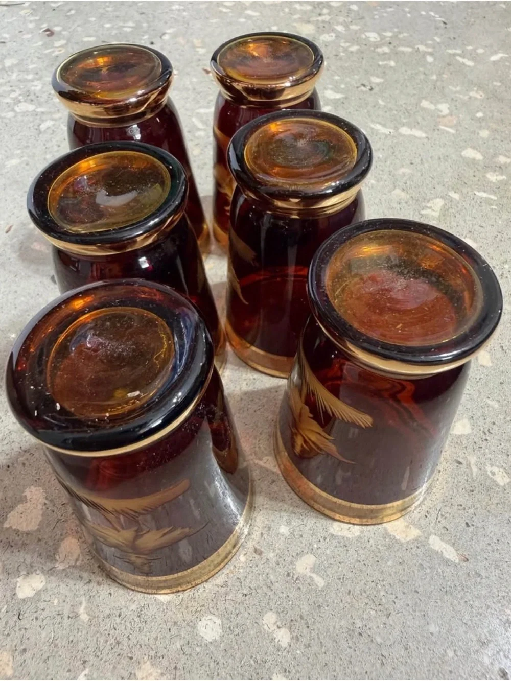 1950’s Bohemian Amber Glass & Gold Decanter  & Cordial Cups Set
